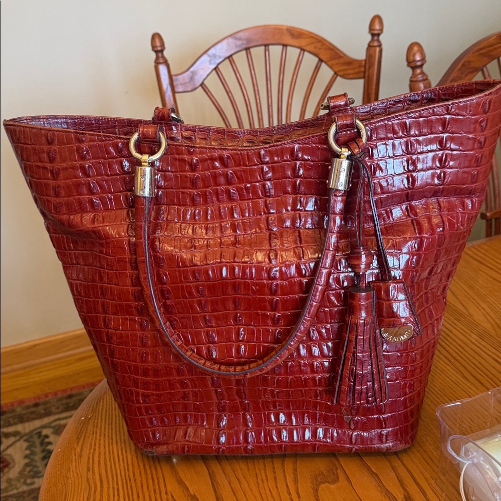 Brahmin Tote Bag Croc Embossed Leather Satchel Brown Designer Large Purse - Picture 6 of 8